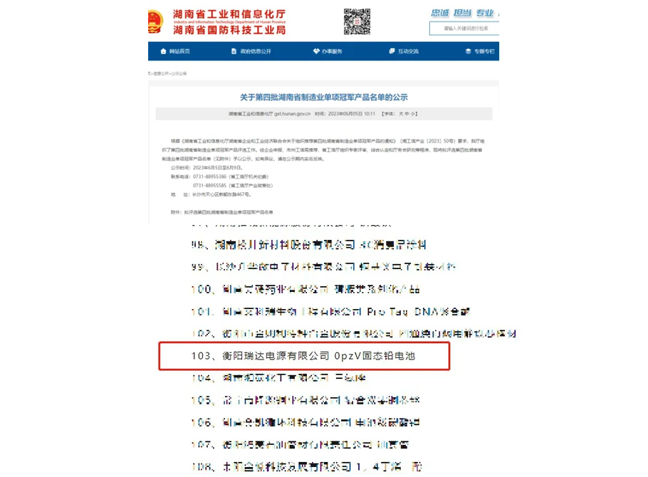 喜讯 | 瑞达无酸固态电池入选湖南省制造业单项冠军产品名单